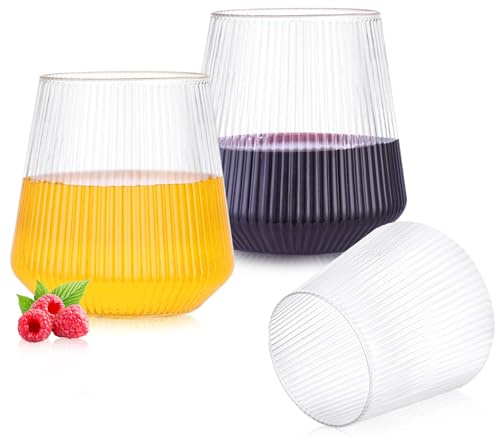ALEXPRE 4PCS Plastic Wine Glasses,14oz Stemless Glasses,Plastic Ribbed Wine Glass,Reusable Cocktail Glasses for Coktail, Picnic Outdoor Indoor Use