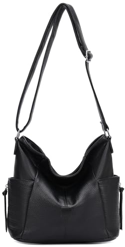 irisaa Handtasche Damen Hobo Schultertasche, Medium Umhängetasche praktische Henkeltasche mit vielen Fächern, Vintage Look mit Reißverschluss, DKB Farbe:weich Schwarz
