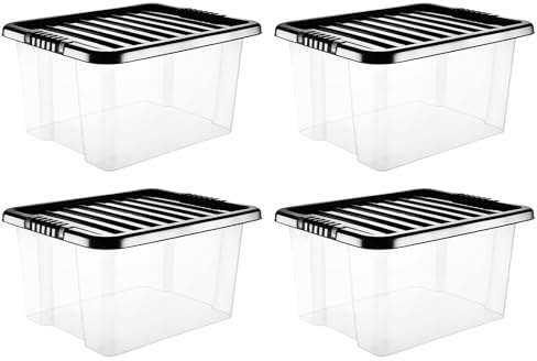 STASH’D STORAGE 30L or 50L Plastic Storage Box with Lid – Pack of 3 or 4 Stackable Large Clear Storage Boxes – Durable for Home, Office & Garage Organisation (Black, 30 Litre (4 Pack))