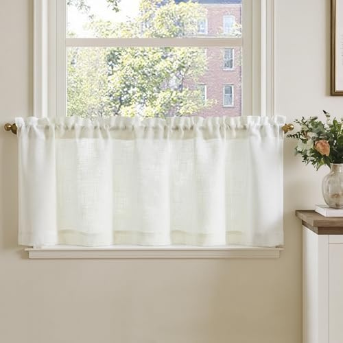 TOPICK Skivgardiner linneutseende bistrogardin för vardagsrum set om 1 st H 40 x 125 cm kök små fönster ljusgenomsläppliga köksgardiner korta gardiner modernt lantställe dragsko krämvit