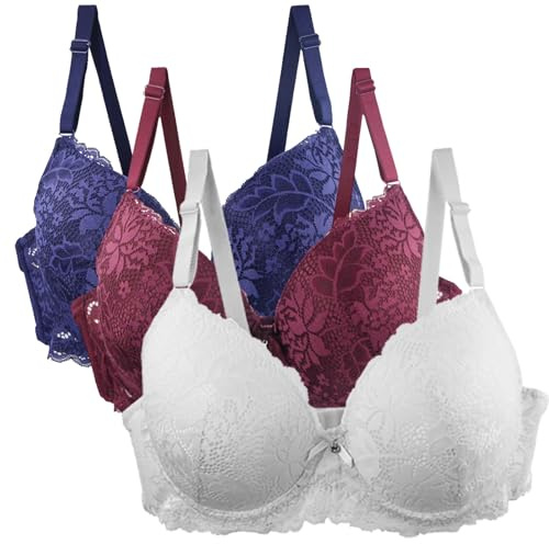XCXC 3er-Pack Damen BH mit Bügel Push Up Spitzen Weich Bequemer Sexy Klassische BHS mit verstellbarem Träger Women Bra für Sport und Alltag
