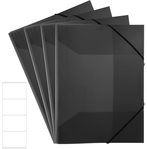 4 Stück Sammelmappe A4, Postmappe aus Kunststoff Transluzent Eckspannermappe mit Gummizug und Innenklappen Dokumentenmappe für Schule Büro Zuhause (Schwarz, mit Aufkleber)