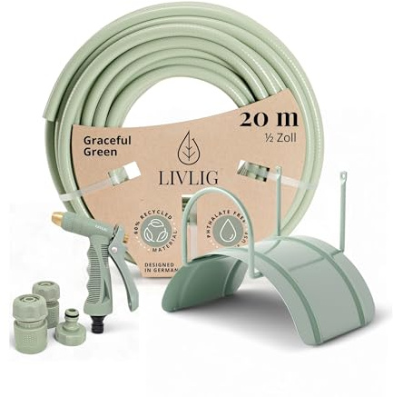 Juego de manguera de jardín de 20 m, manguera de agua de 1/2 pulgada con soporte de pared y pistola de jardín de plástico de alta calidad (3 funciones de pulverización), manguera de riego con
