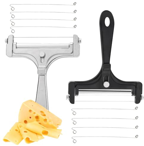 Fatiya Coupe-fromage à 2 lames en acier inoxydable, coupe-fromage réglable avec 8 lames de rechange, coupe-fromage à main pour cheddar, gruyère, raclette, mozzarella et beurre (Argent et noir)