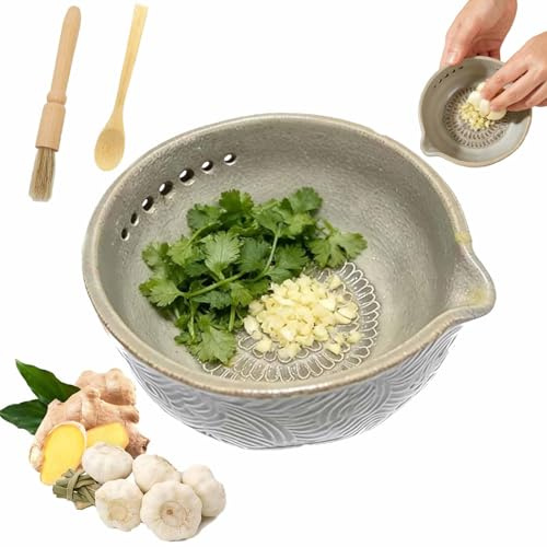 Handmade Garlic Grater X Herb Bowl,2-in-1 Stoneware Kitchen Grater Plate Tools,Pottery Herb Stripper Bowl with 5 Hole Sizes,Built-in Grater for Garlic Ginger, Effortles Minimal Mess (1PCS)