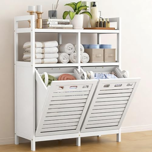 VASMIA Badezimmerschrank mit Wäschekorb, Bambus Badschrank, Weiß | wäscheschrank mit 2 Wäschesäcken, mit 2 Regalböden, mit 2 Herausnehmbaren(2 x 38L), für Badezimmer, Schlafzimmer, Waschküche
