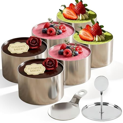 8 Stück Dessert Ring Edelstahl, dessert rings 8 cm, Mit Sockel | Edelstahl Dessertringe für Kuchen und Desserts, mit Drücker und Basis, einfach zu entnehmen und vielseitig verwendbar