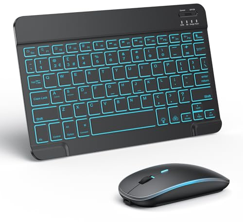 Set tastiera e mouse Bluetooth per iPad, ricaricabile, layout QWERTY UK, tastiera wireless retroilluminata a 7 colori per Mac/IOS/Windows/Android, nero