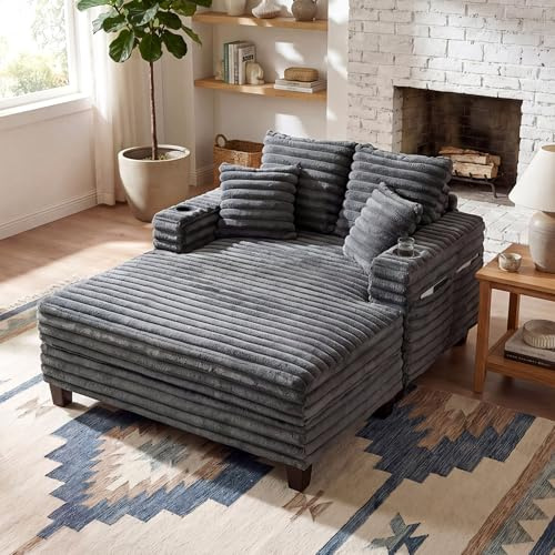163cm Chaiselongue Sofa mit Massivholzrahmen, Big Loungesofa mit Liegefunktion für Wohnzimmer & Lese-Ecke, Einzelsessel aus Plüsch-Cord mit 2 Getränkehaltern & 4 Seitentaschen, 2 Sets Sofa-Füße, Grau