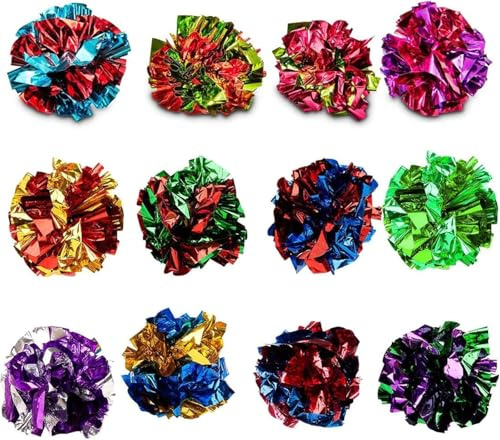 SunGrow 12 Pcs Mylar Cat Crinkle Balls Toy, 3.8-5 cm, Multicolored Cat Balls for Indoor Cats, Soft Play and Chase Indoor Toys for Exercise to Keep Fit, Shiny Foil Toy Balls with Crinkly Sound