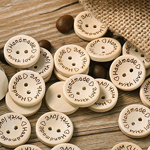 NAMVO 200pcs 2 Holes Handmade Buttons  Handmade with Love, Natural Wood Buttons, Bathing Buttons, for Sewing and Crafting Decorations (15 mm)