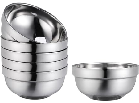 BESTonZON 13 cm Doppelschicht Edelstahl Schalen Anti-heiße Isolierte Schüssel Suppe Schüssel Familie Geschirr Reis Schüsseln (6pcs)