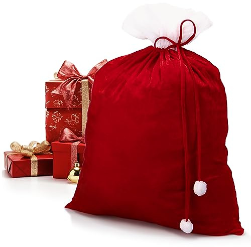 com-four® Edler XXL Weihnachtssack aus Samt mit langer Kordel & weißen | Geschenksack für Weihnachtsmannkostüm & Dekoration - Nikolausbeutel zum Befüllen