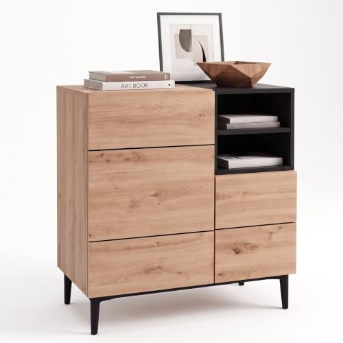 Newfurn Kommode Sideboard Wildeiche Schwarz grifflos Wohnzimmer | Türen und offenes Fach mit Einlegeboden, Anrichte Highboard Vintage Industrial, für Flur und Schlafzimmer