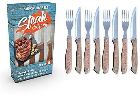 Smokin' Barrels - Set di 8 posate da bistecca con manici in legno esotico