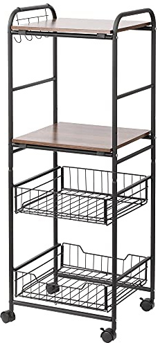 HOMCOM Küchenwagen Küchenwagen auf Rädern mit 2 Regalen 2 herausnehmbare Körbe und 4 Haken für Esszimmer Badezimmer 40x38x111 cm Walnuss und Schwarz