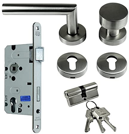 SN-TEC Zimmertür/Wohnungstür Komplett Set, Edelstahl Rosetten Beschlag L-Form (einseitig Knauf) + PZ Schloss (DIN Rechts) + Profilzylinder