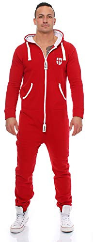 Gennadi Hoppe herrjumpsuit – mjuk och bekväm husplagg med tvåvägs dragkedja, bomull och dekorremsor för snygg komfort, Röd (röd), 4XL