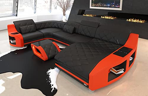 Sofa Dreams Wohnlandschaft Concept XXL U Form Ledersofa - mit LED & USB, ergonomische Rückenlehnen, Recamiere (Ottomane rechts, Schwarz-Orange)