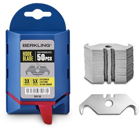 Berkling Utility Hook Razor Blades 50 PCS With Dispenser, SK2H Laser Sharpened Hardened, Ultra 3X Sharper and 5X Durable, Heavy Duty Replacement Blades for Carpet, Roofing Blade Knife, Box Cutter