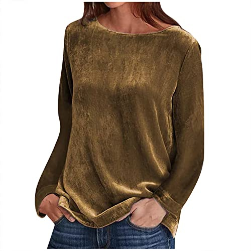 TRIGLICOLEUM Hauts en velours doré élégant uni à manches longues basique t-shirt hiver chaud tunique tops chemisier confortable doux printemps col rond pull manches longues long t-shirt chemisier