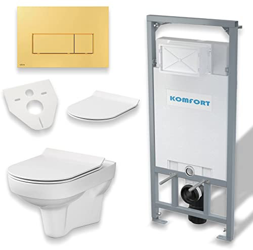 BADLAND WC Set: Vorwandelement C201 + Wand Tiefspül WC City CleanOn Weiß + Betätigungsplatte Gold M575 + Slim WC-Sitz mit Soft-close + Schallschutzmatte