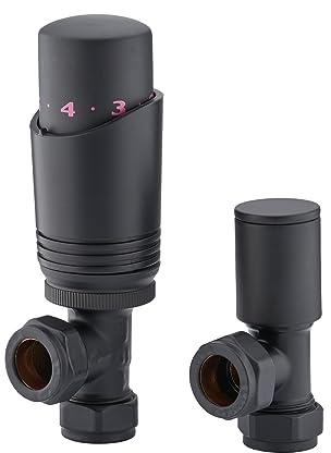 Schwarze Heizkörperventile - Schwarze Winkelheizkörperventile, TRV Heizkörperventil, Schwarzer Heizkörper, Thermostatisches Heizkörperventil, Anthrazit Heizkörperventile mit Lockshield Ventil (15mm)