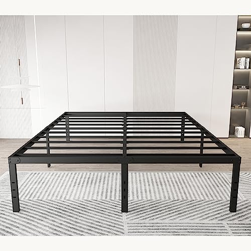 Chezisam Queen size sängram ingen låda fjäder behövs 14 tum hög robust stålplatta säng bas slitstark plattform säng under-säng förvaringsutrymme, enkel montering, halkfri och ljudlös, svart