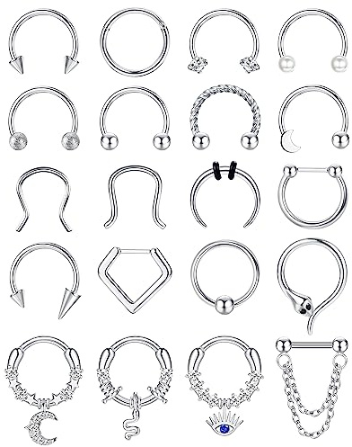 BESTEEL 20PCS 16G Septum Nose Rings for Women - Hypoallergenic Surgical Steel daith piercing jewelry Cute CZ Dangle Hinged Clicker Lip Helix Tragus Daith Cartilage Earrings Hoop 10MM Gold Silver Black