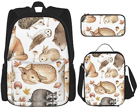 Ensemble de 3 sacs à dos avec motif tête de mort de taureau et cactus mignon, sac à bandoulière réglable avec boîte à déjeuner et trousse à crayons, Animaux du raton laveur des bois, Taille unique,