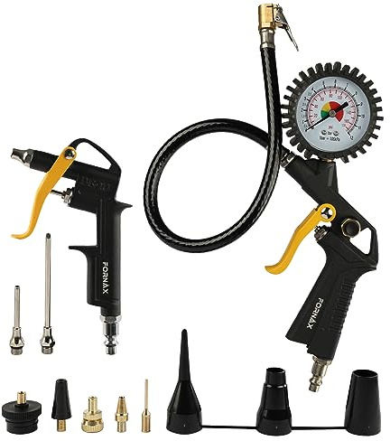 FORNAX Tire Inflator Deflator Air Pressure Gauge with Rubber Hose, Heavy Duty Air Compressor Accessory Kit and Air Blow Gun with Steel Air Flow Extension