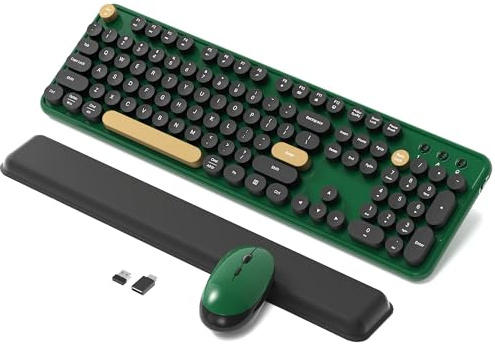 Colorful Wireless Computer Keyboards Mouse Combos, Cute Retro Typewriter Keyboard with Round Keycaps, 2.4 GHz 104 Keys Full-Sized USB/Type C Receiver Keyboard and Optical Mouse（Dark Green） | COVEVA Aesthetic Typewriter Style, Full-Size Clicky Tactile Floating Round Keys, 2.4GHz Ergonomic Set for Mac, Windows