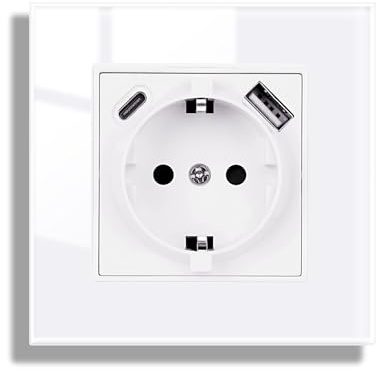 JIMEIDA Glas Steckdose mit USB Weiß Unterputz, USB A und Typ C Port max.2.1A, 16Amp Gehärteter Glasscheibe Steckdose 86mm*86mm,1 Fach,250V