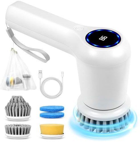 Cordless Rechargeable Electric Spin Scrubber, Spin Scrubber with LED Display, Power Scrubber with 5 Replaceable Brush Heads,bathroom brush for home,Floor,Kitchen,Bathtub,Stove,Car,Tile,Window