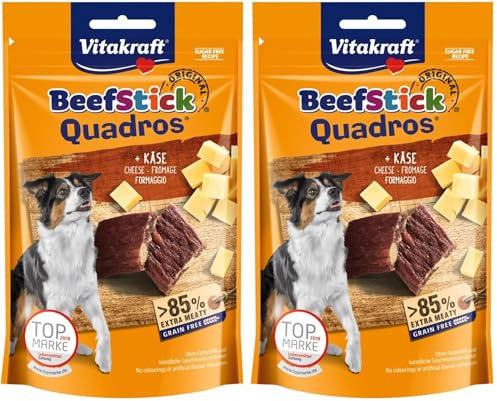 Vitakraft Beef Stick Quadros, Hundeleckerlie, extra fleischig, mit Käse, zum Belohnen und Verwöhnen (1x 70g) (Packung mit 2)