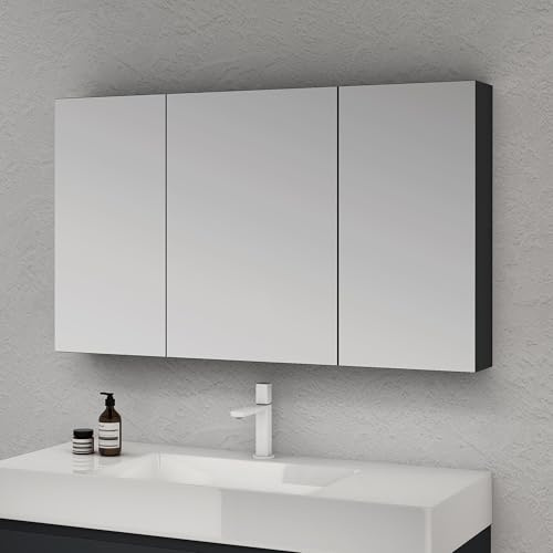doporro Spiegelschrank Wandschrank Spiegel matt Anthrazit 120x70cm 3 Türen | Modernes Design Hängeschrank Aufbewahrungsschrank für Badezimmer mit verstellbarem Regalbrett Spiegelschrank 02