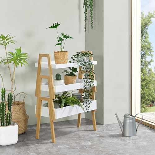 [en.casa] växthylla Hitra stapellåda av bambu 3 delar. Blomhylla, stående hylla med 3 hyllor, vitt växtbord, 85 x 65 x 30 cm, bambuhylla, stående
