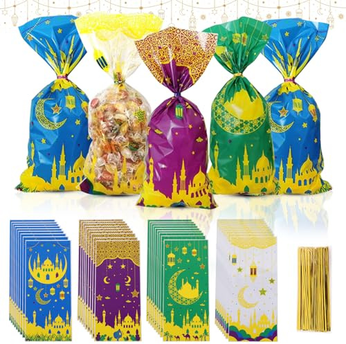 100 stycken ramadanpåsar för fyllning, bayram presentpåsar, Eid Mubarak dekoration, presentpåse cellofan med guldslipsar partypåsar dekoration, ramadan-dekor, presentpåsar ramadan, barns födelsedag