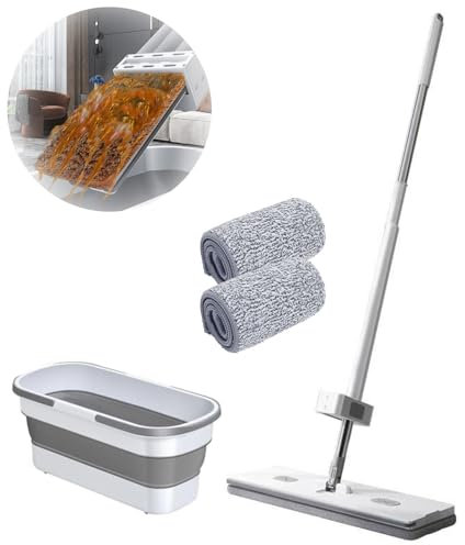 DFANCE Trapeador Plano Grande,Mop Bucket Set Trapeador,Trapeador raspador de deshidratación autónomo,Trapeador Giratorio de 360 ​​° para Azulejos Laminado Piso de Madera,2PCS Cloths