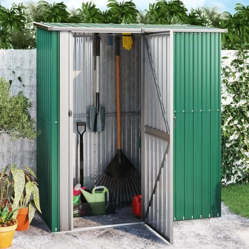 ARKEM Casetta da Giardino per Attrezzi, Capanno in Lamiera d'Acciaio con Tetto Inclinato, Ripostiglio per Attrezzi con Porte Scorrevoli per Giardino,Capanno da Giardino Verde 180,5x97x209,5 cm in Acci