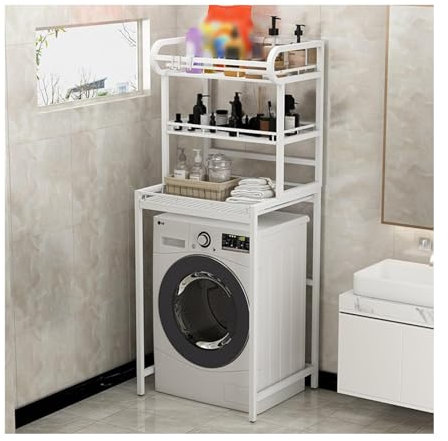 Over The Washer and Dryer Storage Shelf 3-stufiger Ständer für die Waschmaschine, platzsparender mehrstufiger Ständer für das Badezimmer mit Korb, Haken und Trockenstangen WEWYQSJXBXF-4122(Color:W