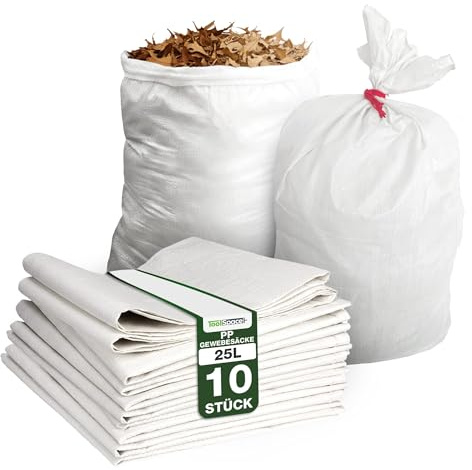 ToolSpace 10x Sacos de Polipropileno Blancos Resistentes para Cargas Pesadas de 25 kg Tela Tejido PP Ideales Escombros Arena Cereales Inundaciones Jardín Residuos Construcción Bolsas 85 x 50 cm Pack | Polipropileno robusto, ideal como sacos de arena, bolsas de basura de tejido PP como bolsas de carbón resistentes a desgarros