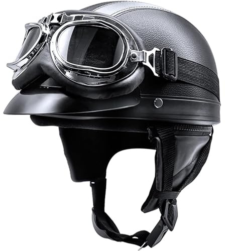 Retro Oldtimer Helm Halbhelme Mit Schnellverschluss Schnalle und Fliegerbrille ECE Genehmigt Leder Halbschalenhelm Jet-Helm Retro Motorrad Halbhelm für Cruiser Scooter 8,54-62CM