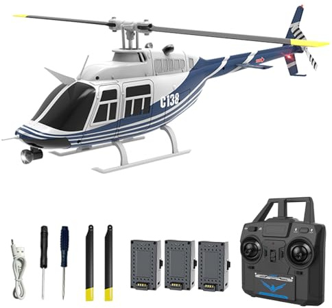 Hylukon C138 Remote Control Helicopter, 1:33 Scale Bell206 Helicopter 2.4G 4CH RTF Single Propeller Aileron Free, Optical Flow Positioning, Six-axis Gyroscope Stabilization Gift for Adults (3 Battery)