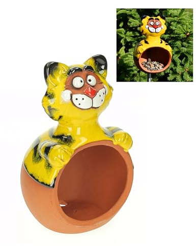 Midene Gartenstecker Keramik Handgefertigt - Gartendeko für Draußen Wetterfest - Garten Deko Keramik - Vogelfütterer Gartenfiguren & Gartenstatuen - Katze Gelb