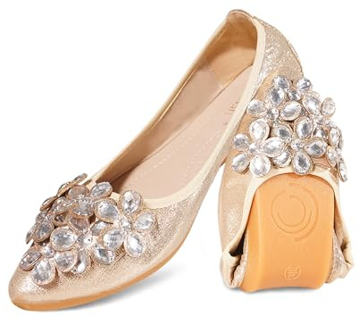 YOUNIFIZ Women's Elastic Foldable Portable Pumps Sparkly Rhinestones Ballet Ballerina Slip On Flats Dolly Shoes