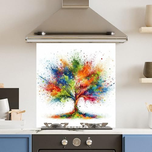Toughened 6mm Glass Kitchen Splashback 70 x 75cm Rainbow Tree - Polished Edge Heat Resistant Back Splash for Cookers Hob