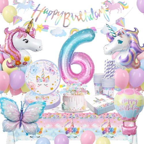 Enhörning dekoration barnfödelsedag – festservis födelsedagsdekoration 6 år flicka, party porslin, papperstallrik med ballonger för 6-årsdagen flicka