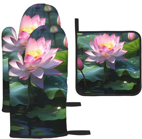 YYHHAOFA Lot de 3 maniques et maniques imperméables pour cuisine - Anti-brûlure et isolation thermique - Motif fleurs de lotus asiatiques