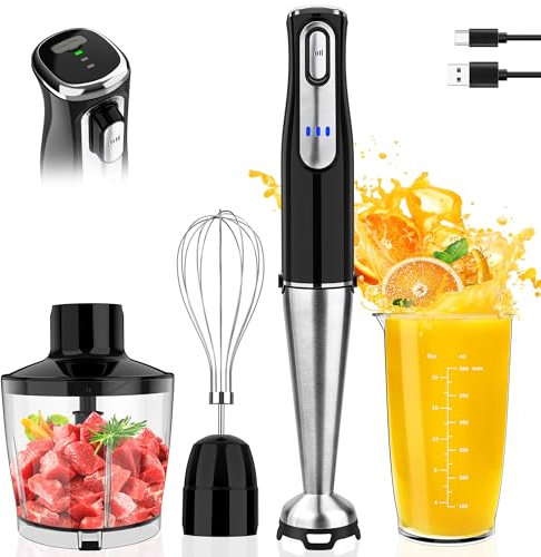 Batidora de inmersión inalámbrica, recargable 4 en 1, licuadora de mano eléctrica, velocidad variable con picador, vaso de precipitados, batidor, hoja de acero inoxidable para sopa, comida de bebé